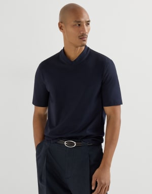 Cotton jersey V-neck T-shirt Navy Blue Man - Brunello Cucinelli