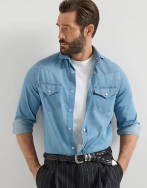 Camisa con automáticos Denim Ultraclaro Hombre - Brunello Cucinelli