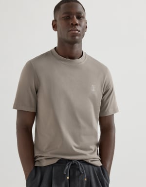 Jersey T-shirt with logo Khaki Man - Brunello Cucinelli