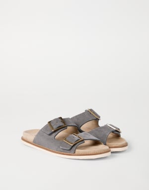Suede slides with buckles Taupe Smoke Man - Brunello Cucinelli