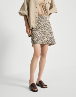 Falda Mini Dazzling Chevron Embroidery Marrón Mujer - Brunello Cucinelli