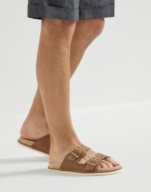 Suede slides with buckles Hazelnut Man - Brunello Cucinelli