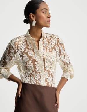 Flower jacquard lace shirt Cream Woman - Brunello Cucinelli