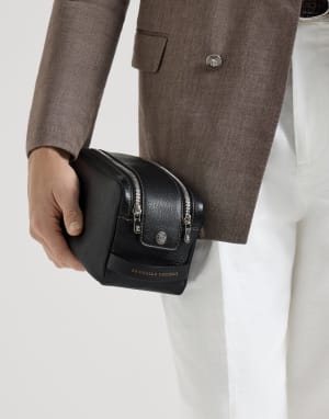 Grained calfskin beauty case with zipper Black Man - Brunello Cucinelli