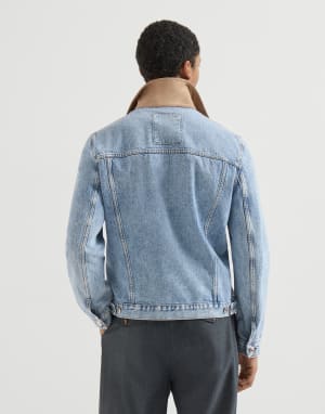 Denim outerwear jacket with suede collar Light Denim Man - Brunello Cucinelli