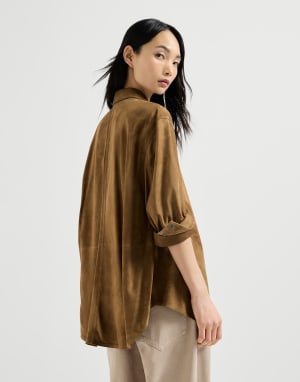 镶珠装饰绒面革衬衫 浅棕色 女款 - Brunello Cucinelli