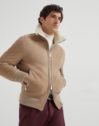 Curly shearling bomber jacket Hazelnut Man - Brunello Cucinelli