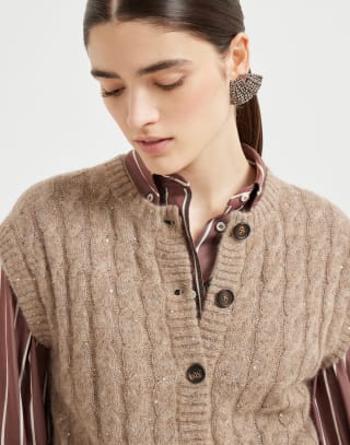 Dazzling Cable cardigan Hazelnut Woman - Brunello Cucinelli