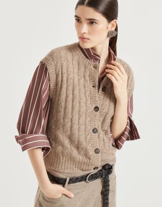 Dazzling Cable cardigan Hazelnut Woman - Brunello Cucinelli