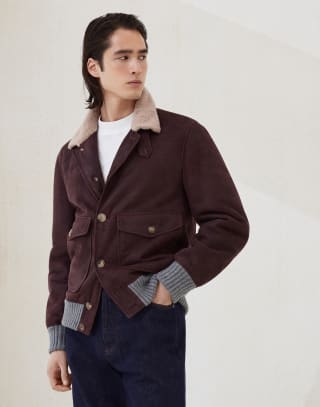Nubuck shearling aviator jacket Purple Man - Brunello Cucinelli