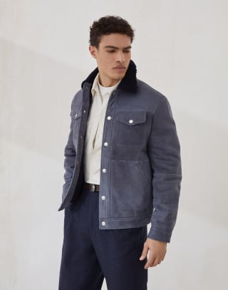 Curly shearling jacket Denim Man - Brunello Cucinelli