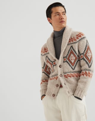 Geometric jacquard cardigan Buff Man - Brunello Cucinelli