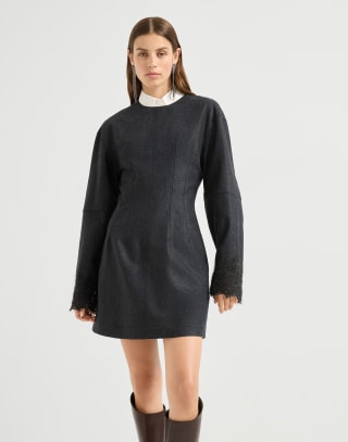 Mini dress with wispy lace cuffs Dark Grey Woman - Brunello Cucinelli