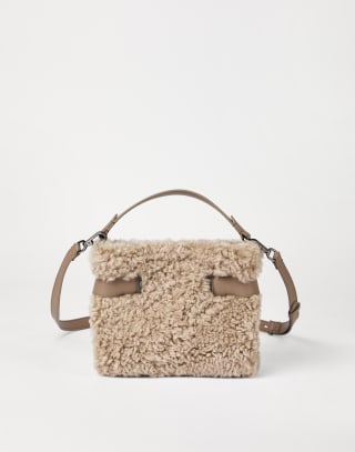 Small shearling Essence top-handle bag Beige Woman - Brunello Cucinelli