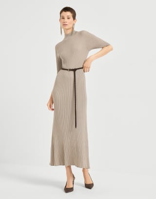 Cashmere and silk knit dress Taupe Smoke Woman - Brunello Cucinelli