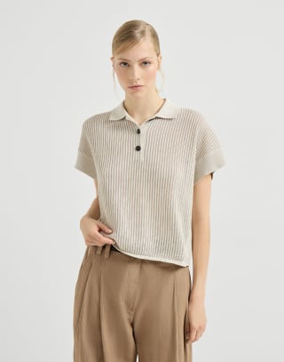 Ribbed net polo shirt Oat Woman - Brunello Cucinelli