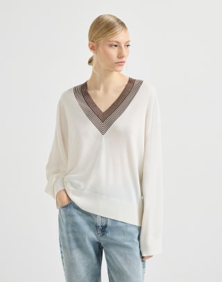 Maglia leggera in cashmere e seta Bianco Donna - Brunello Cucinelli