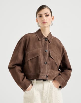 Couture suede cropped outerwear jacket Brown Woman - Brunello Cucinelli