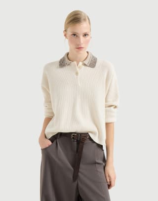 Polo con Dazzling Collar Beige Donna - Brunello Cucinelli