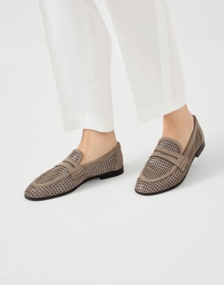 Sparkling net loafers in leather Light Brown Woman - Brunello Cucinelli