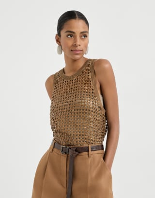 Dazzling Net Embroidery top Brown Woman - Brunello Cucinelli