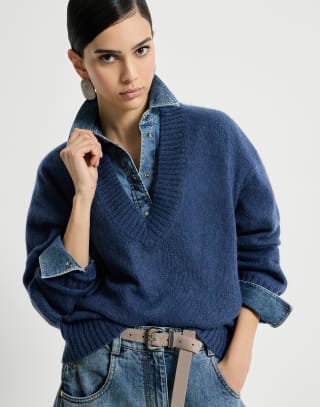 Pull en laine vierge et mohair Bleu Femme - Brunello Cucinelli
