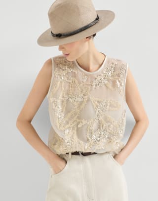 Top Dazzling Seabed Embroidery Beige Mujer - Brunello Cucinelli
