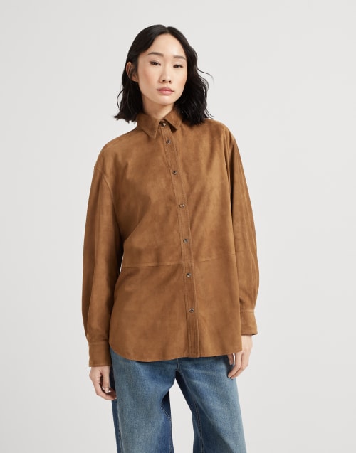 Suede shirt with monili Light Brown Woman - Brunello Cucinelli