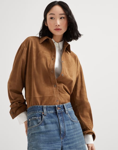 Suede shirt with monili Light Brown Woman - Brunello Cucinelli