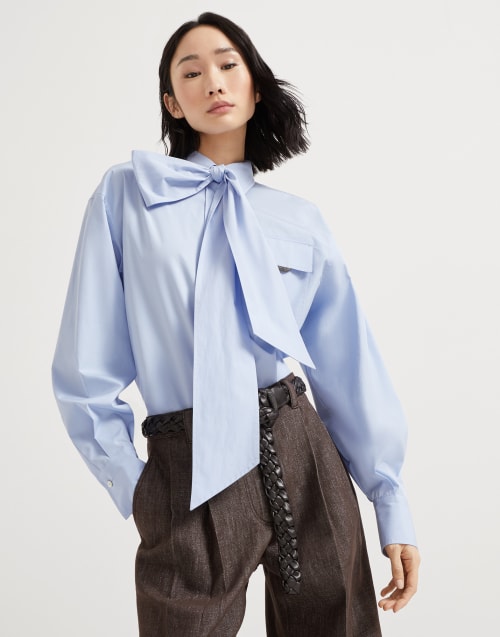 Poplin shirt with lavallière Sky Blue Woman - Brunello Cucinelli