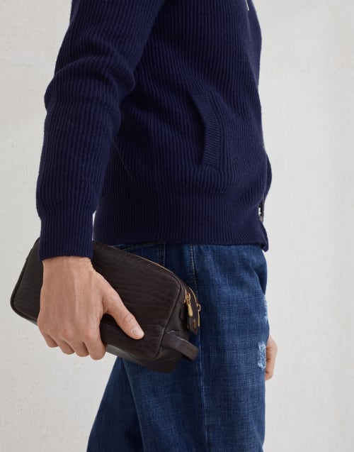 Beauty case in pelle con grana Marrone Uomo - Brunello Cucinelli