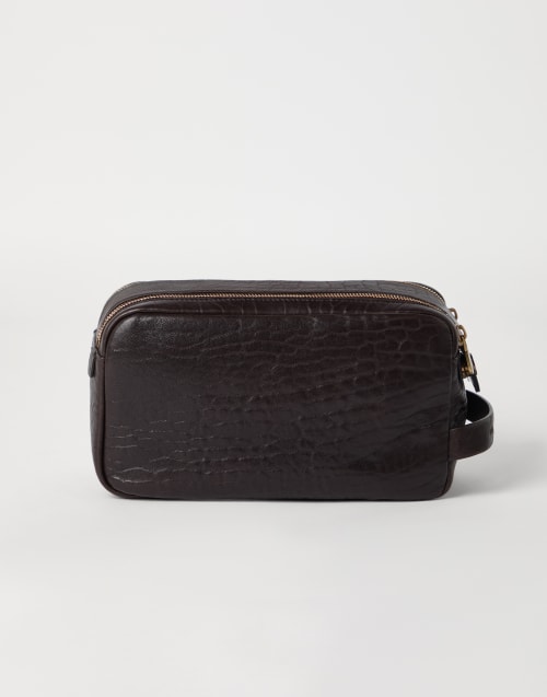 Beauty case in pelle con grana Marrone Uomo - Brunello Cucinelli