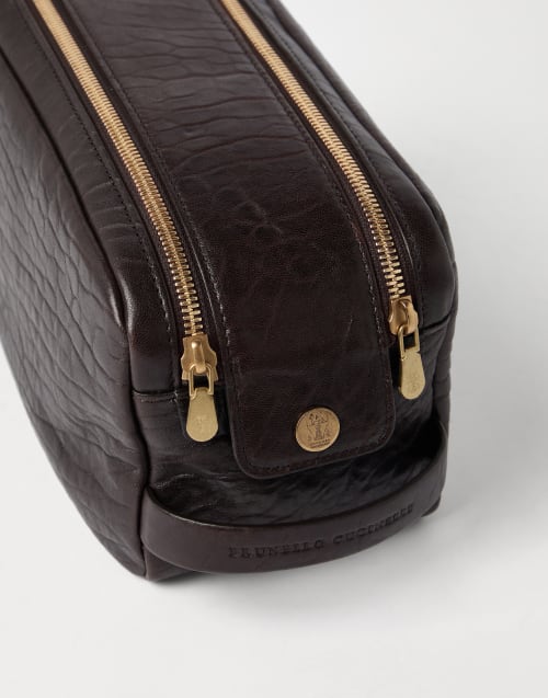 Beauty case in pelle con grana Marrone Uomo - Brunello Cucinelli