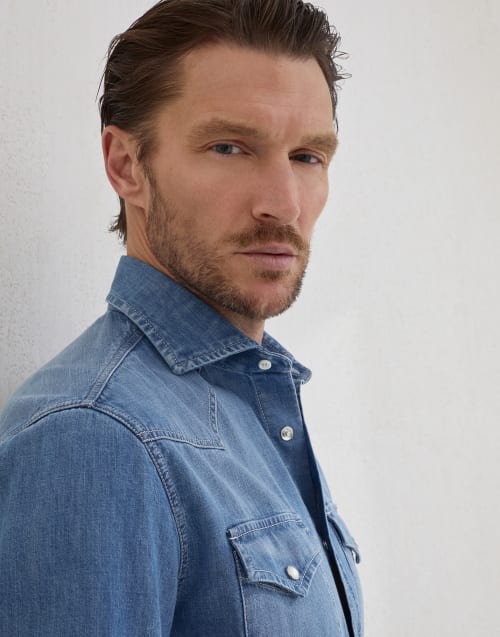 薄牛仔布衬衫 中牛仔色 男款 - Brunello Cucinelli