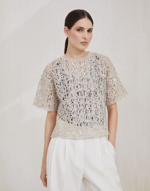 Dazzling croc embroidery T-shirt Cool Beige Woman - Brunello Cucinelli