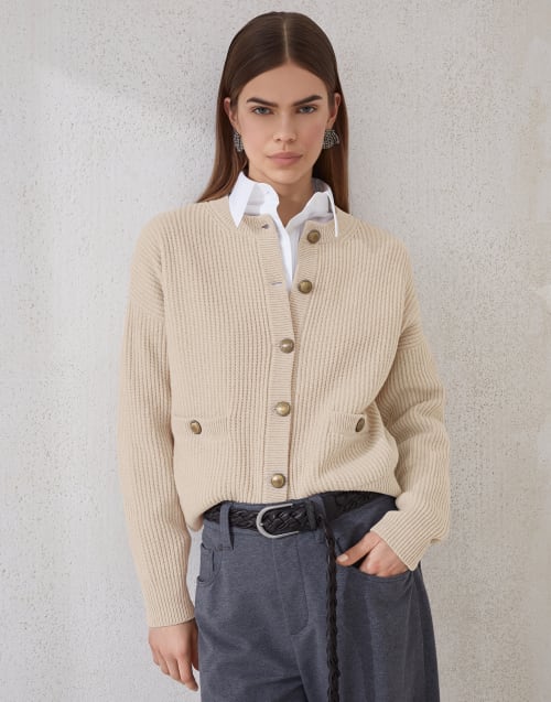 English rib knit cardigan Beige Woman - Brunello Cucinelli