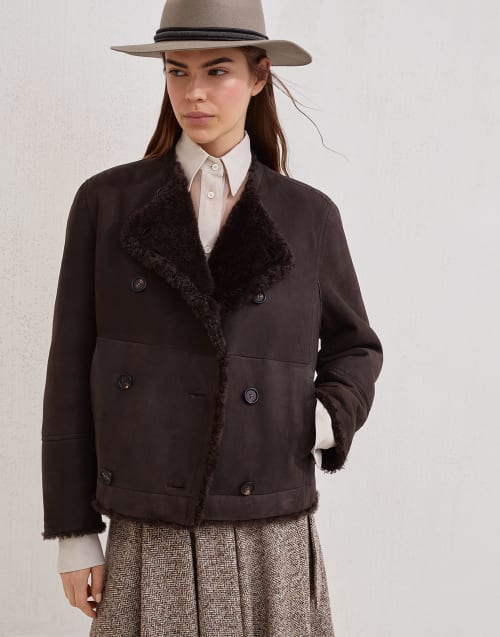 Caban Crop en peau de mouton Fuzzy Brun Foncé Femme - Brunello Cucinelli