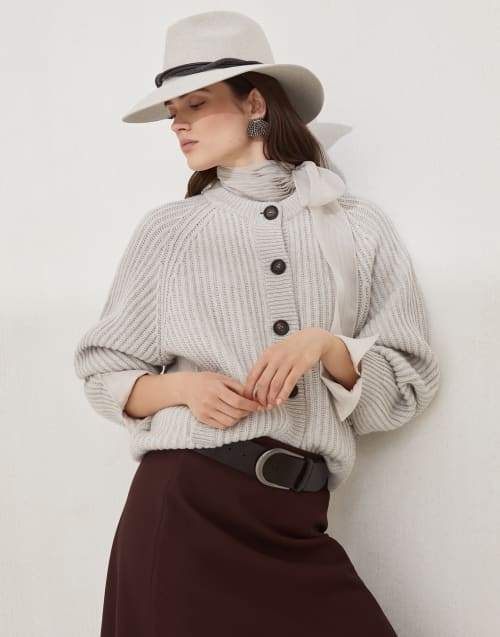 Cashmere Feather yarn cardigan Cool Beige Woman - Brunello Cucinelli