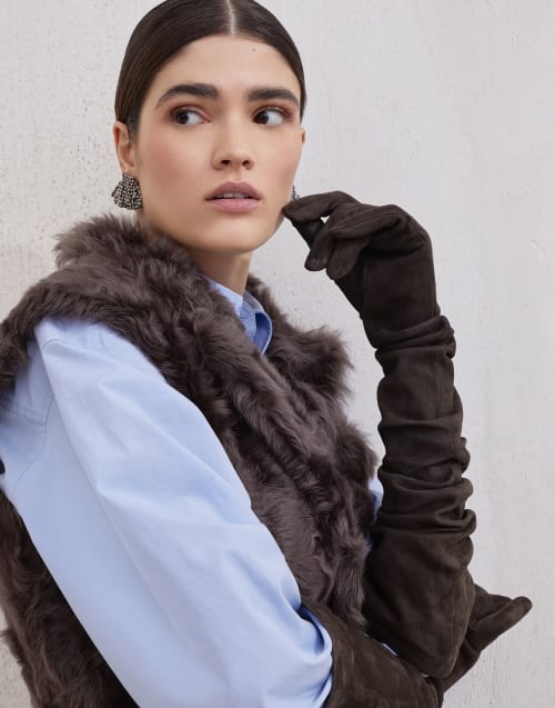 Couture suede gloves Rust Brown Woman - Brunello Cucinelli