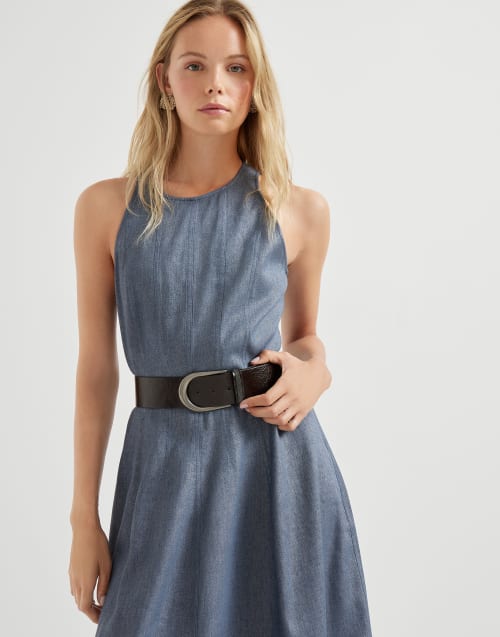 Linen and virgin wool twill dress Dark Denim Woman - Brunello Cucinelli