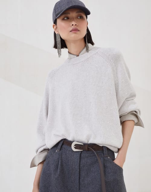 Cashmere and silk diamond yarn sweater Cool Beige Woman - Brunello Cucinelli