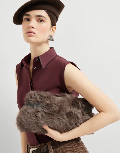 Essence 波状剪毛绵羊皮手拿包 深棕色 女款 - Brunello Cucinelli