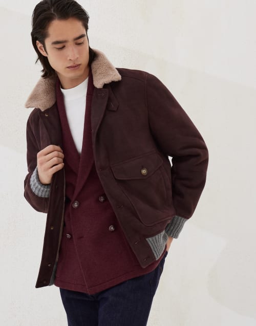 Blouson pilote peau de mouton type nubuck Violet Homme - Brunello Cucinelli