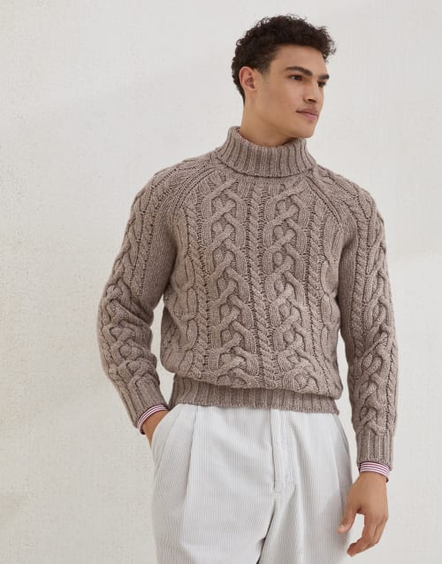 Cable knit turtleneck sweater Hazelnut Man - Brunello Cucinelli