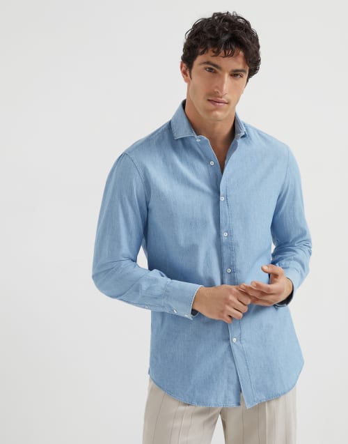 Hemd in Chambray Mittleres Jeansblau Herren - Brunello Cucinelli