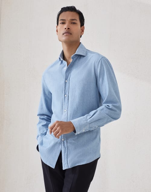 Hemd in Chambray Mittleres Jeansblau Herren - Brunello Cucinelli
