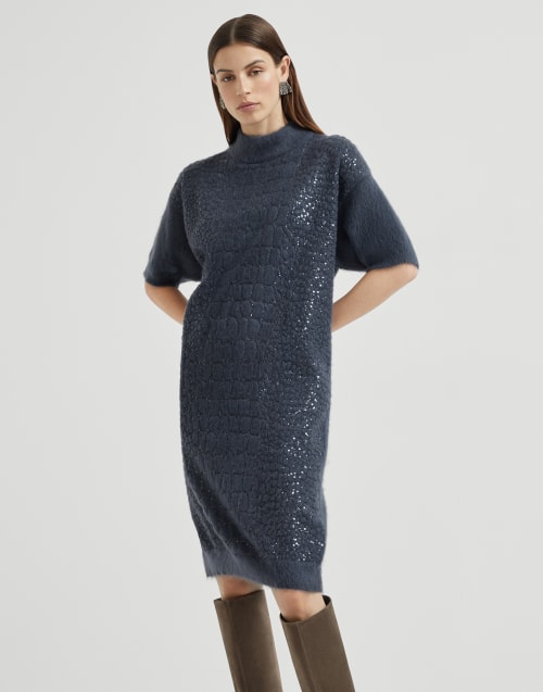 Dress with dazzling croc motif Navy Blue Woman - Brunello Cucinelli