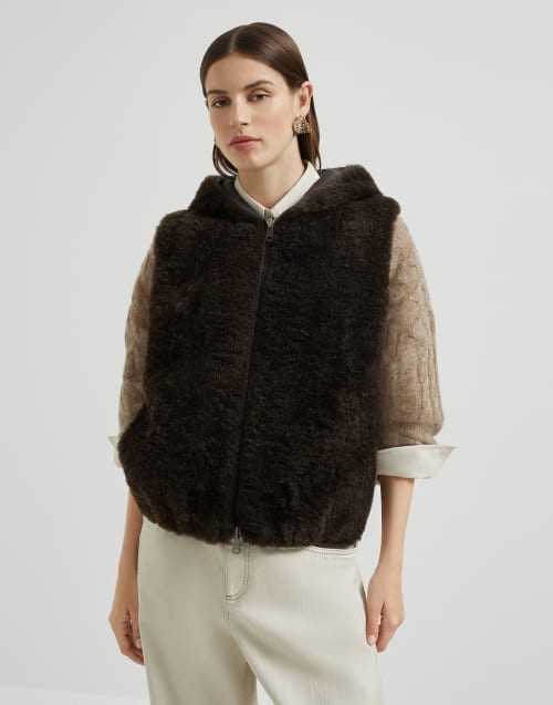 Chaleco de cachemir con efecto piel de cordero Marrón Oscuro Mujer - Brunello Cucinelli