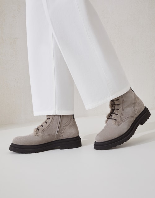 Suede boots with monili Light Grey Woman - Brunello Cucinelli