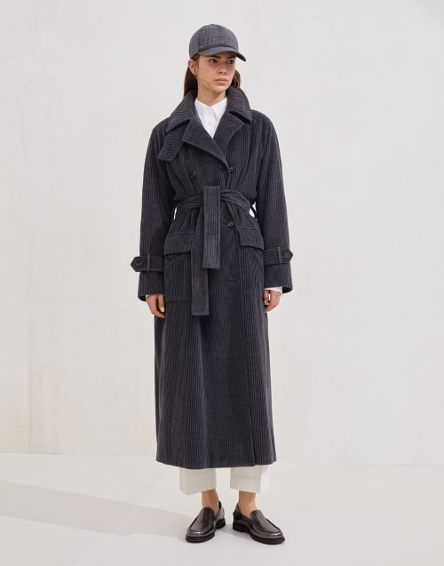Wide rib corduroy trench Lignite Grey Woman - Brunello Cucinelli